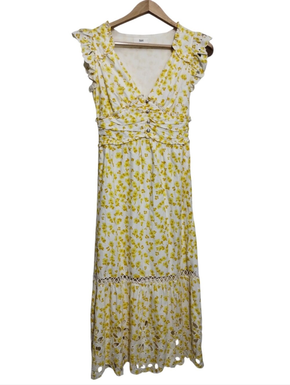 Rahi Floral V-Neck Dress XS Elegant Romantic Boho Cottagecore Bias Cut Midi